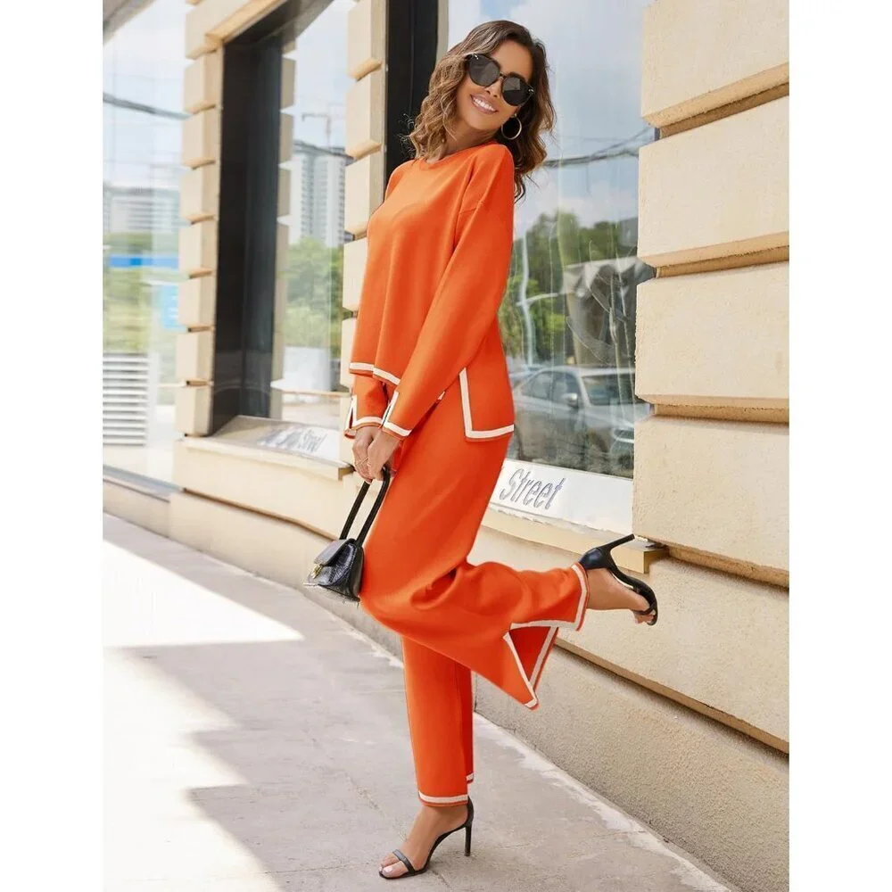 Women's Orange Long Sleeve Knit Sweater Top & Wide Leg Pants Lounge Set